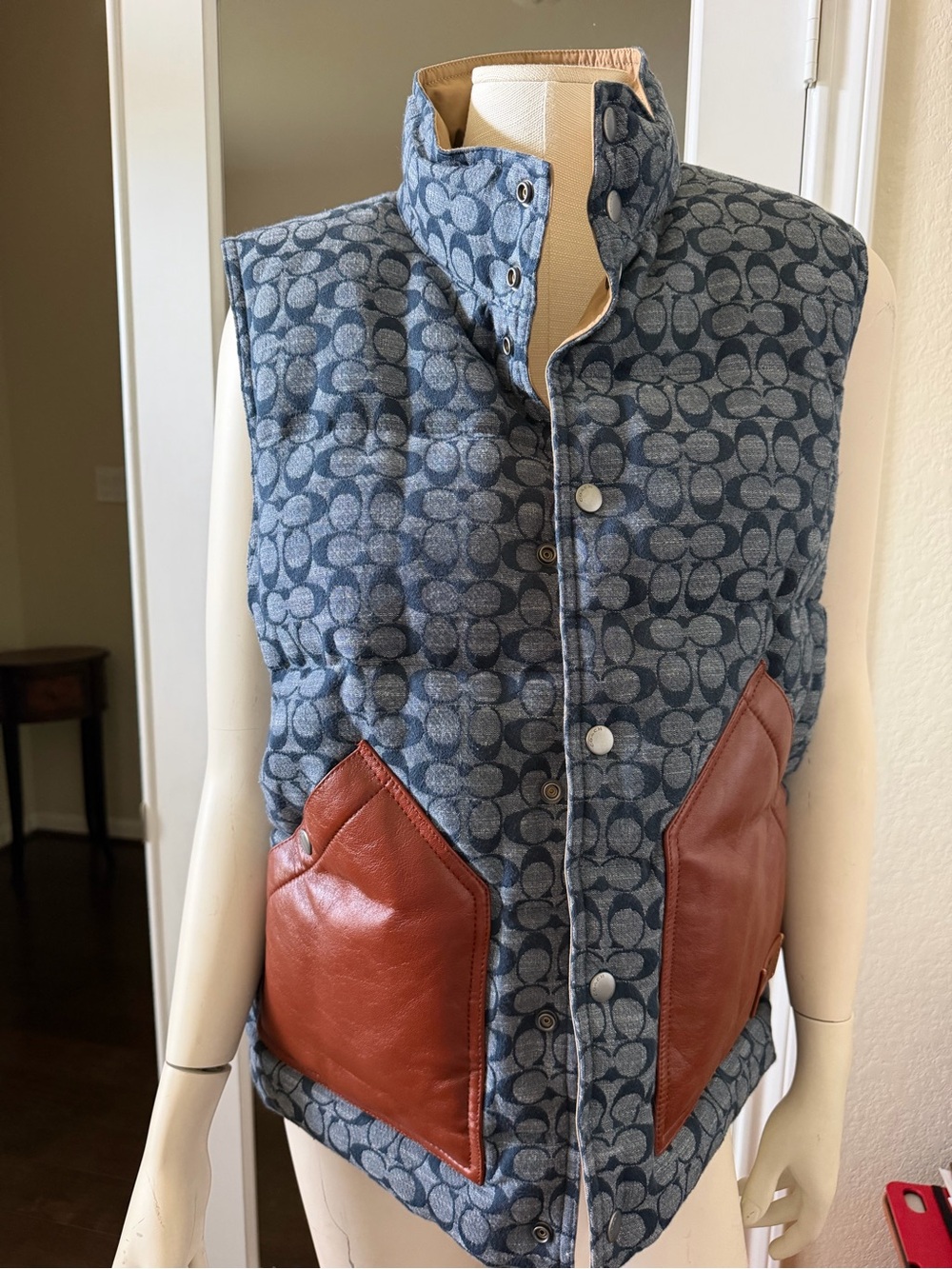 Denim Coach Reversible Signature Quilted Vest with Brown Leather Pockets
